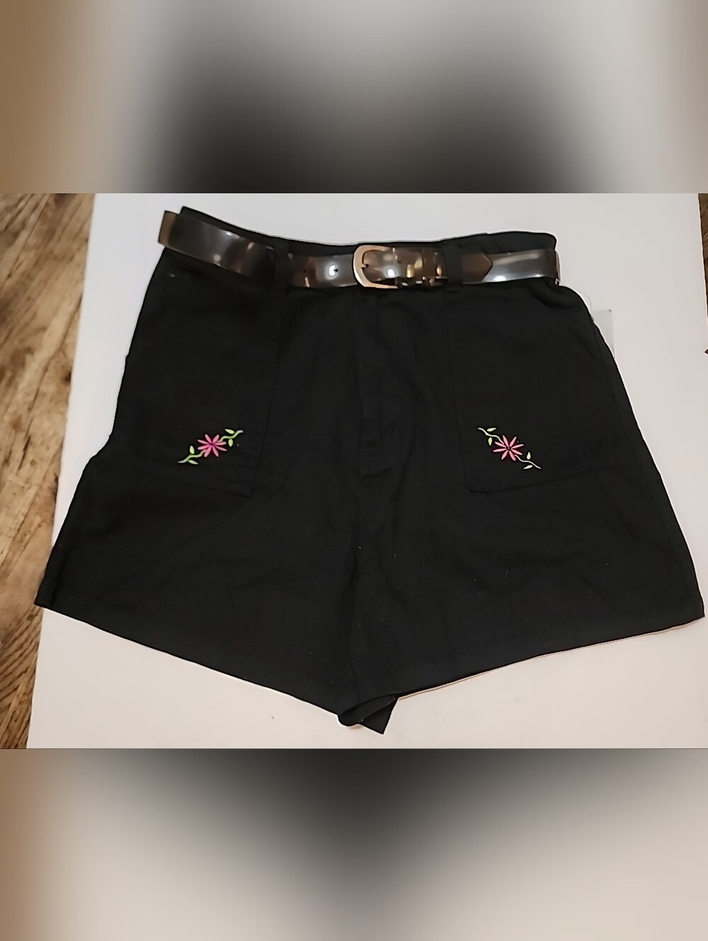 Girls Black Shorts Flower Embroidery Details & Belt Size 12 NWT